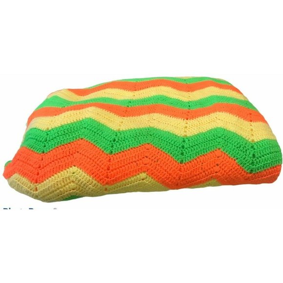 Vtg Handmade Knit Crochet Orange Holiday Blanket - Picture 3 of 4